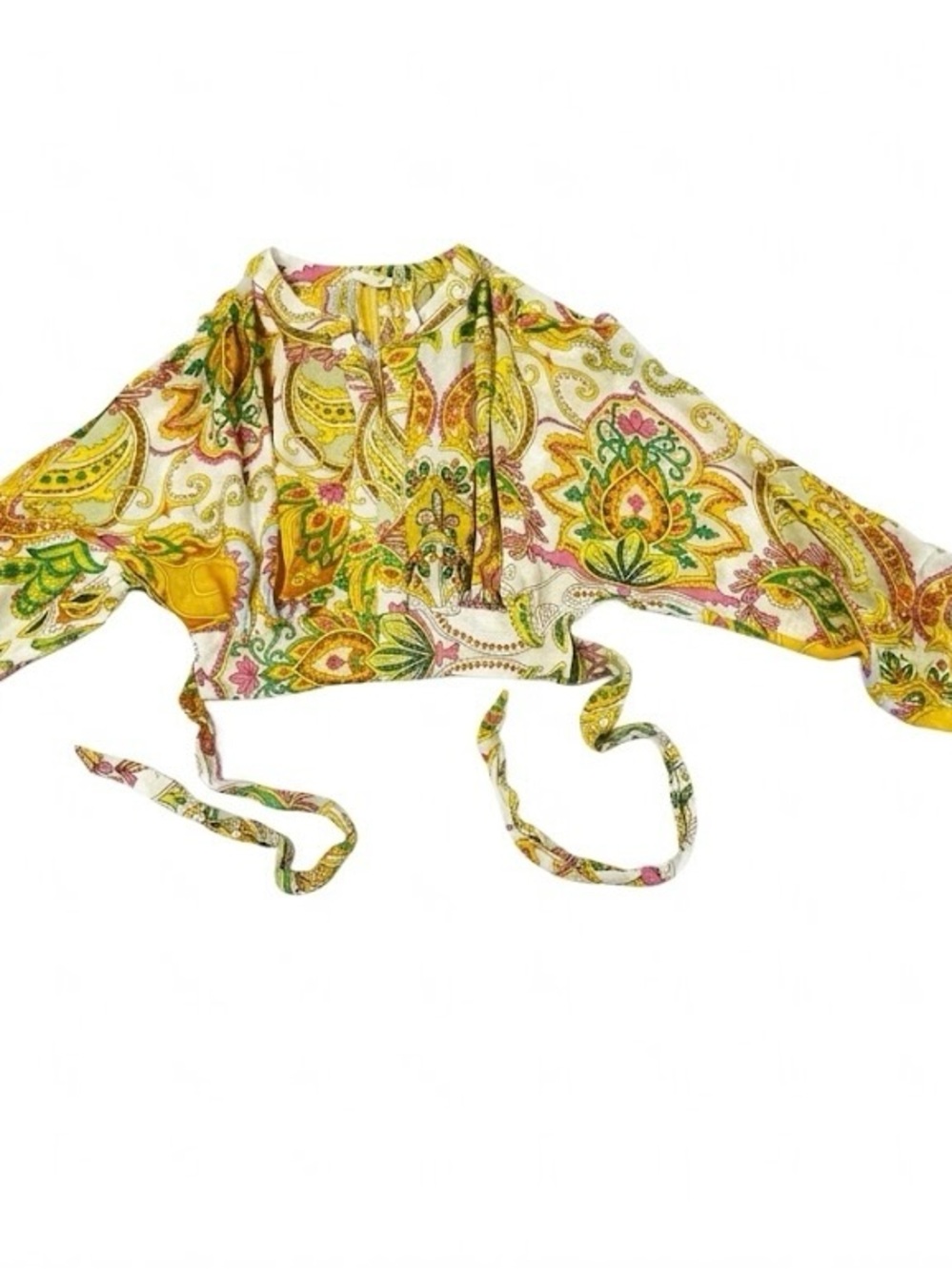Haute Hippie Paisley faux wrap tie front Crop Top - Yellow, Green & Pink boho M - Picture 10 of 10